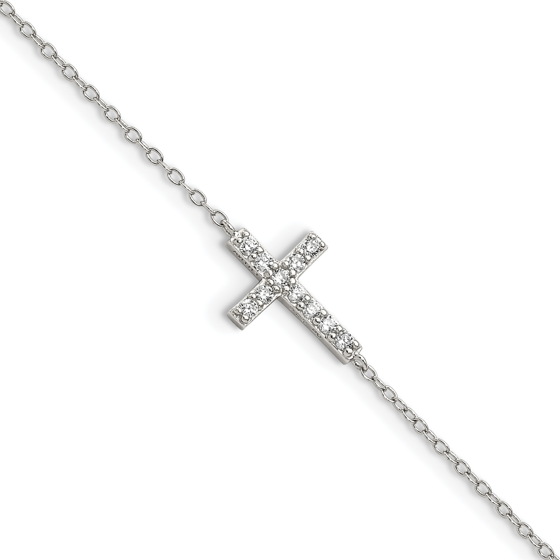 Sterling Silver Rhodium-plated CZ Sideways Cross w/1in Ext Bracelet (QG3470-7)
