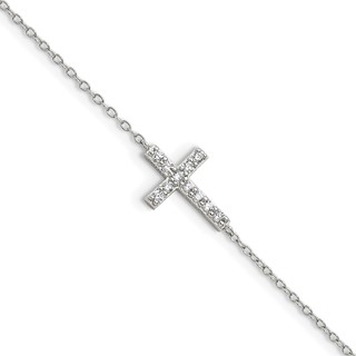 Sterling Silver Rhodium-plated CZ Sideways Cross w/1in Ext Bracelet