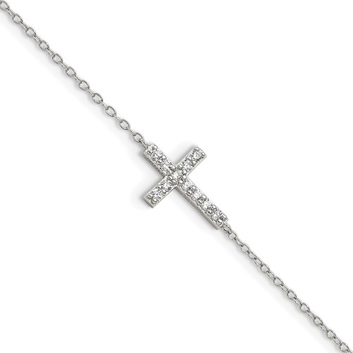 Sterling Silver Rhodium-plated CZ Sideways Cross Bracelet with Ext, 1"