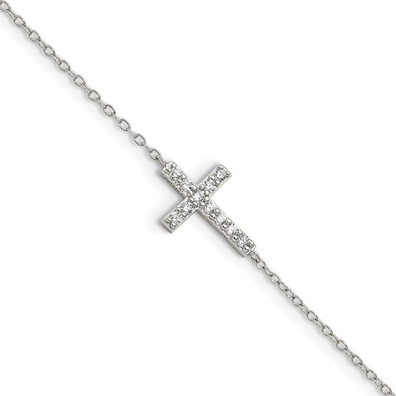 Sterling Silver Rhodium-plated CZ Sideways Cross w/1in Ext Bracelet