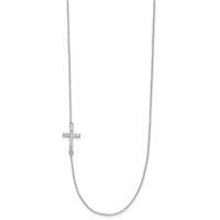 Sterling Silver Rhod-pltd CZ Offset Sideways Cross Necklace with Ext, 2" view 2