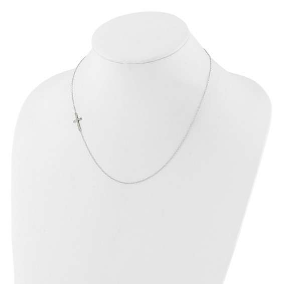 Sterling Silver Rhod-pltd CZ Offset Sideways Cross w/2in Ext Necklace