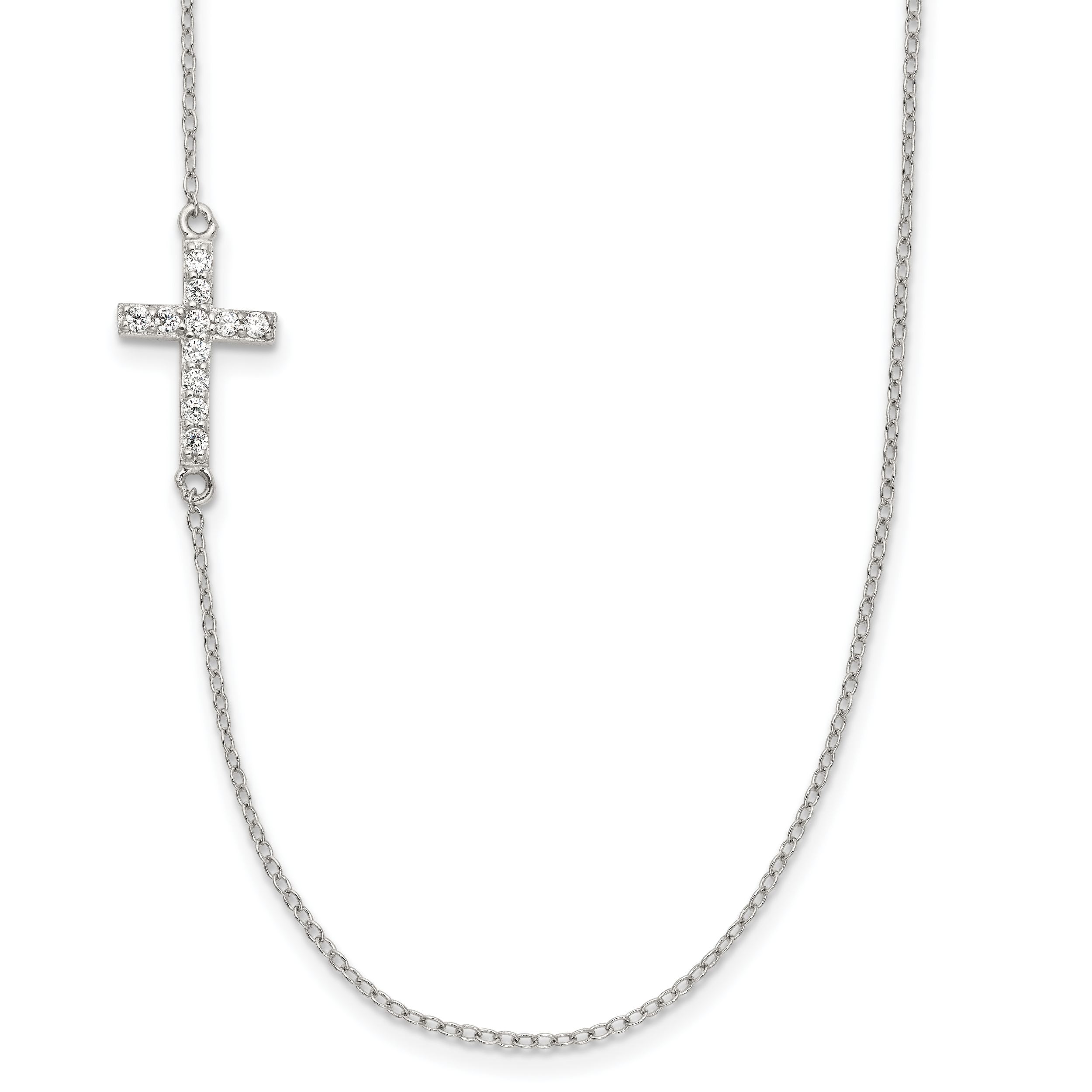 Sterling Silver Rhod-pltd CZ Offset Sideways Cross w/2in Ext Necklace (QG3472-16)