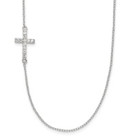 Sterling Silver Rhod-pltd CZ Offset Sideways Cross Necklace with Ext, 2" view 1