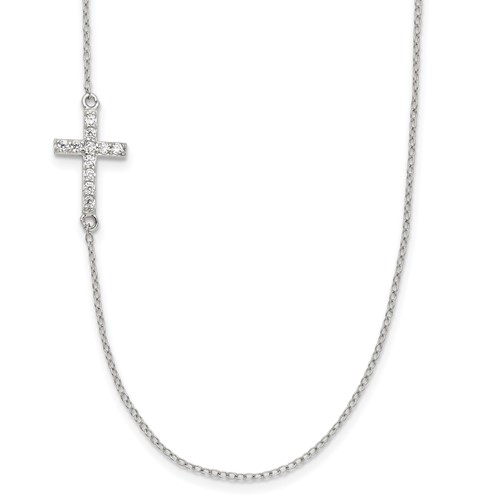 Sterling Silver Rhod-pltd CZ Offset Sideways Cross Necklace with Ext, 2"