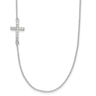 Sterling Silver Rhod-pltd CZ Offset Sideways Cross w/2in Ext Necklace