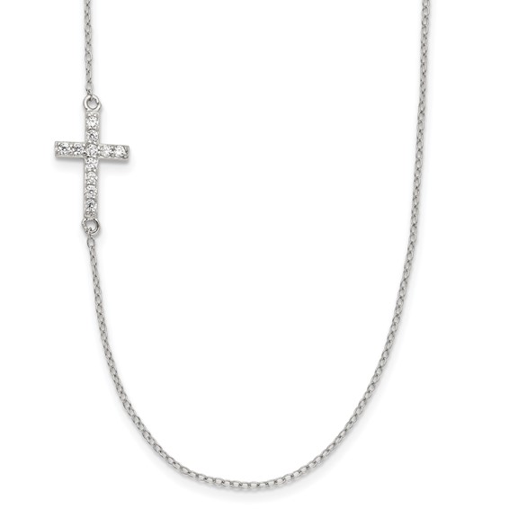 Sterling Silver Rhod-pltd CZ Offset Sideways Cross w/2in Ext Necklace