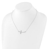 Sterling Silver Rhodium-plated CZ Sideways Cross Necklace with Ext, 2" view 3