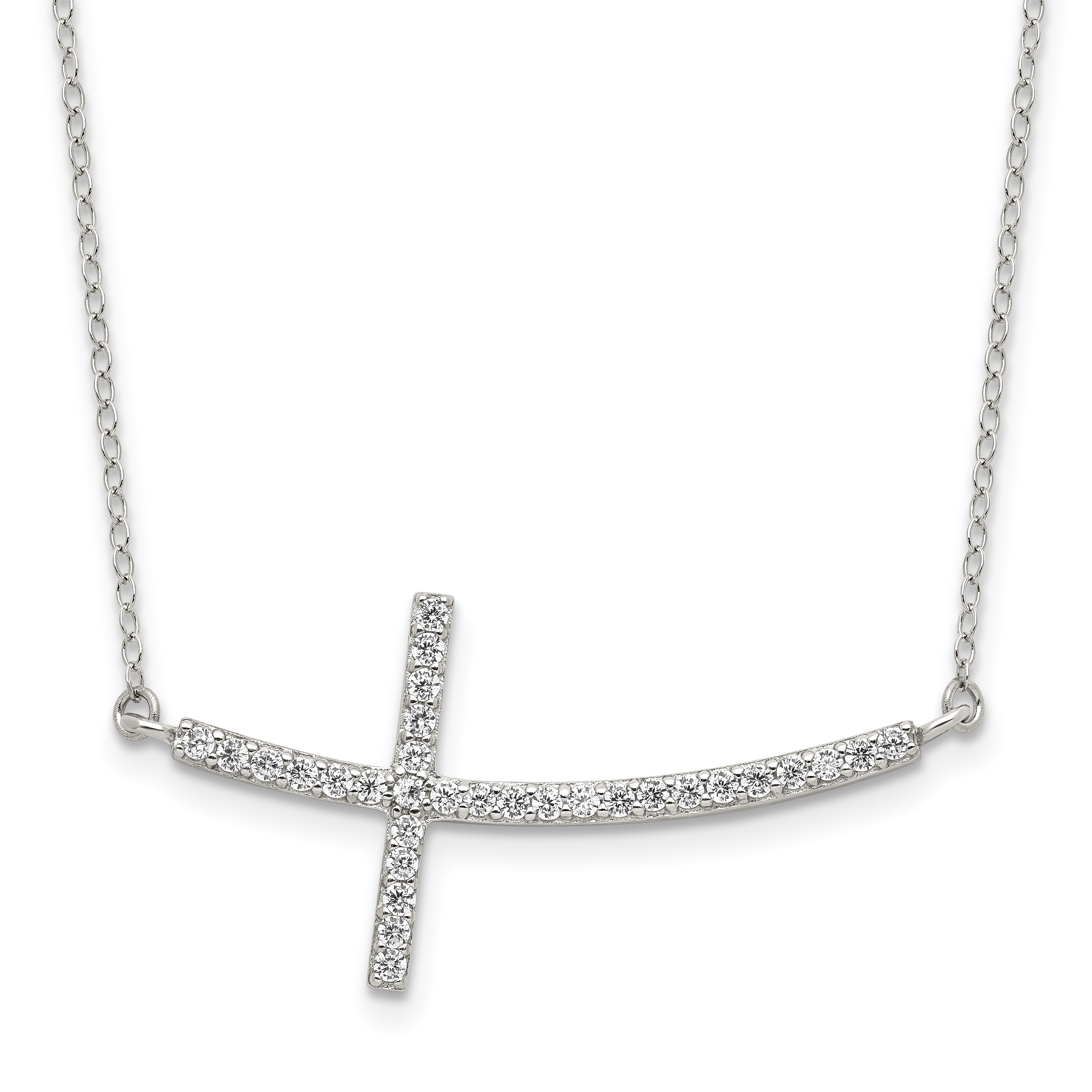 Sterling Silver Rhodium-plated CZ Sideways Cross w/2in Ext Necklace (QG3473-16)