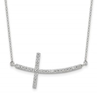 Sterling Silver Rhodium-plated CZ Sideways Cross Necklace with Ext, 2" view 1