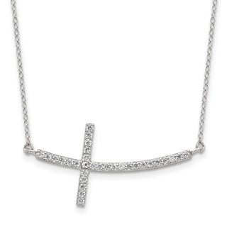 Sterling Silver Rhodium-plated CZ Sideways Cross w/2in Ext Necklace