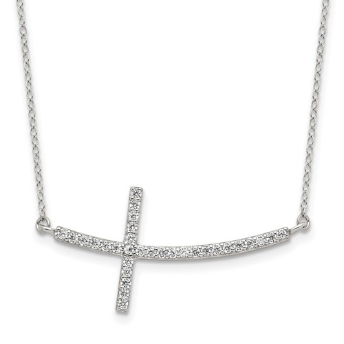 Sterling Silver Rhodium-plated CZ Sideways Cross Necklace with Ext, 2"