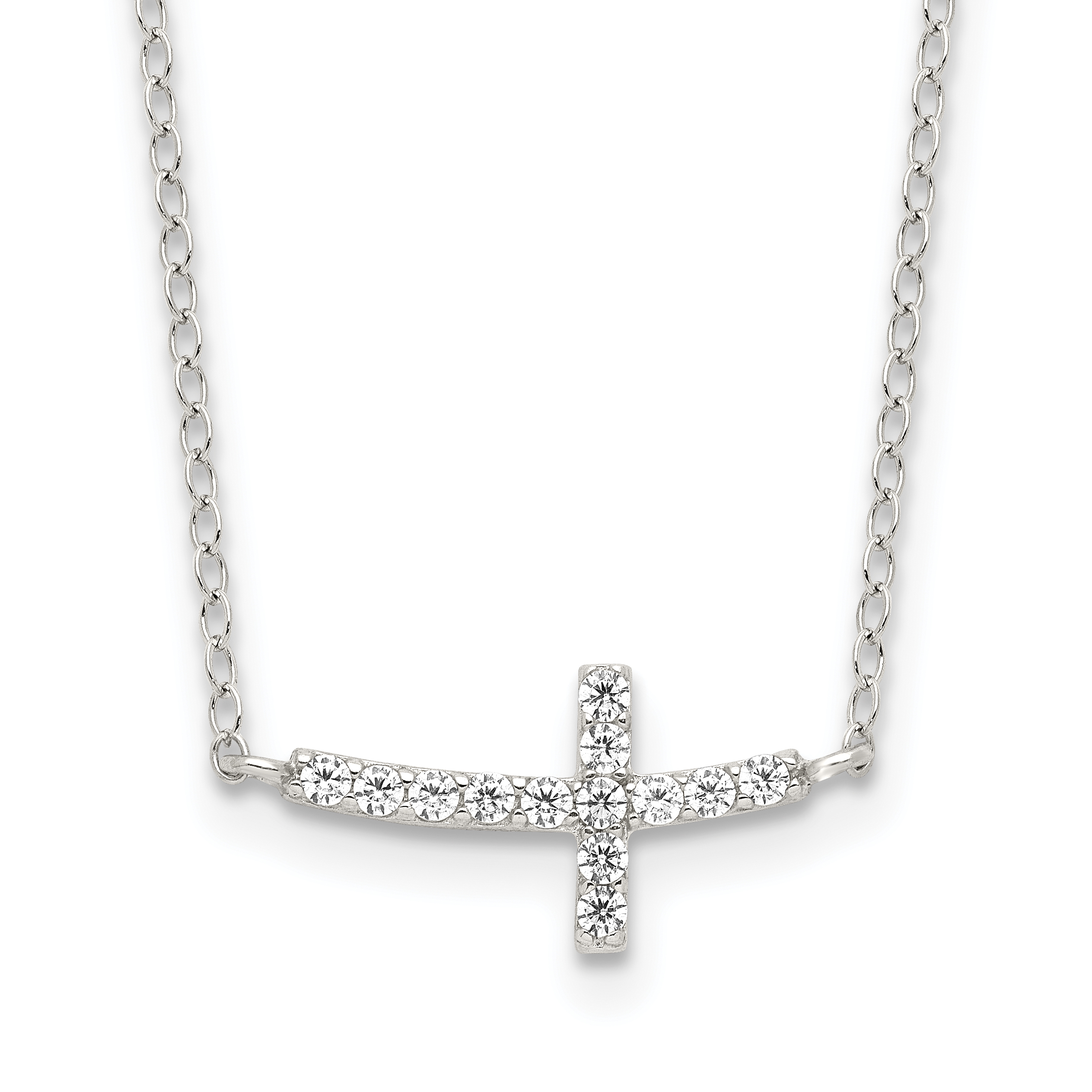 Sterling Silver Rhodium-plated CZ Sideways Cross w/2in Ext Necklace (QG3476-16)