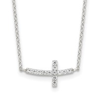 Sterling Silver Rhodium-plated CZ Sideways Cross Necklace with Ext, 2" view 1