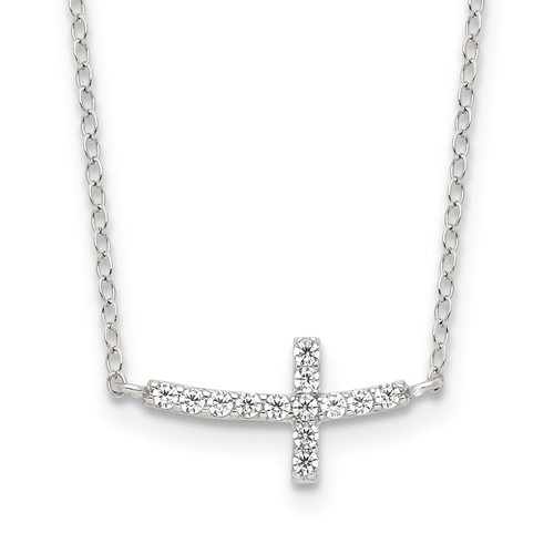 Sterling Silver Rhodium-plated CZ Sideways Cross Necklace with Ext, 2"