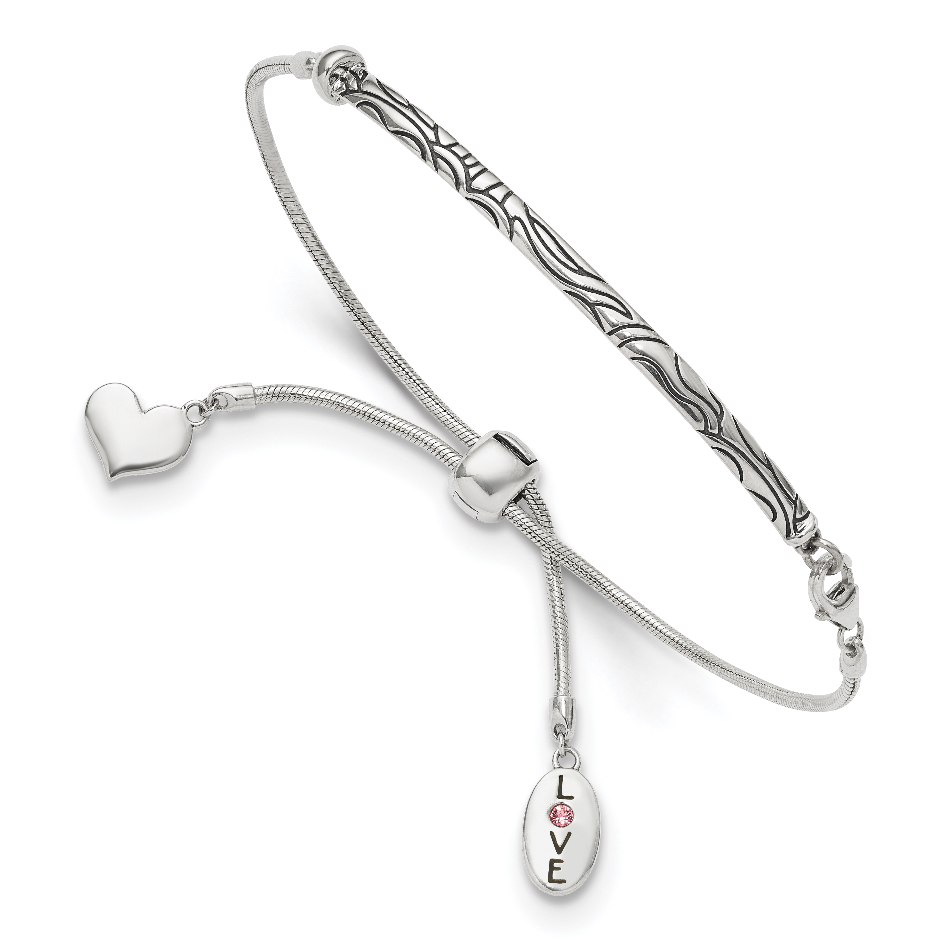 Sterling Silver Antiqued Reflections Crystal Love Heart Adjust Bracelet (QG3498)
