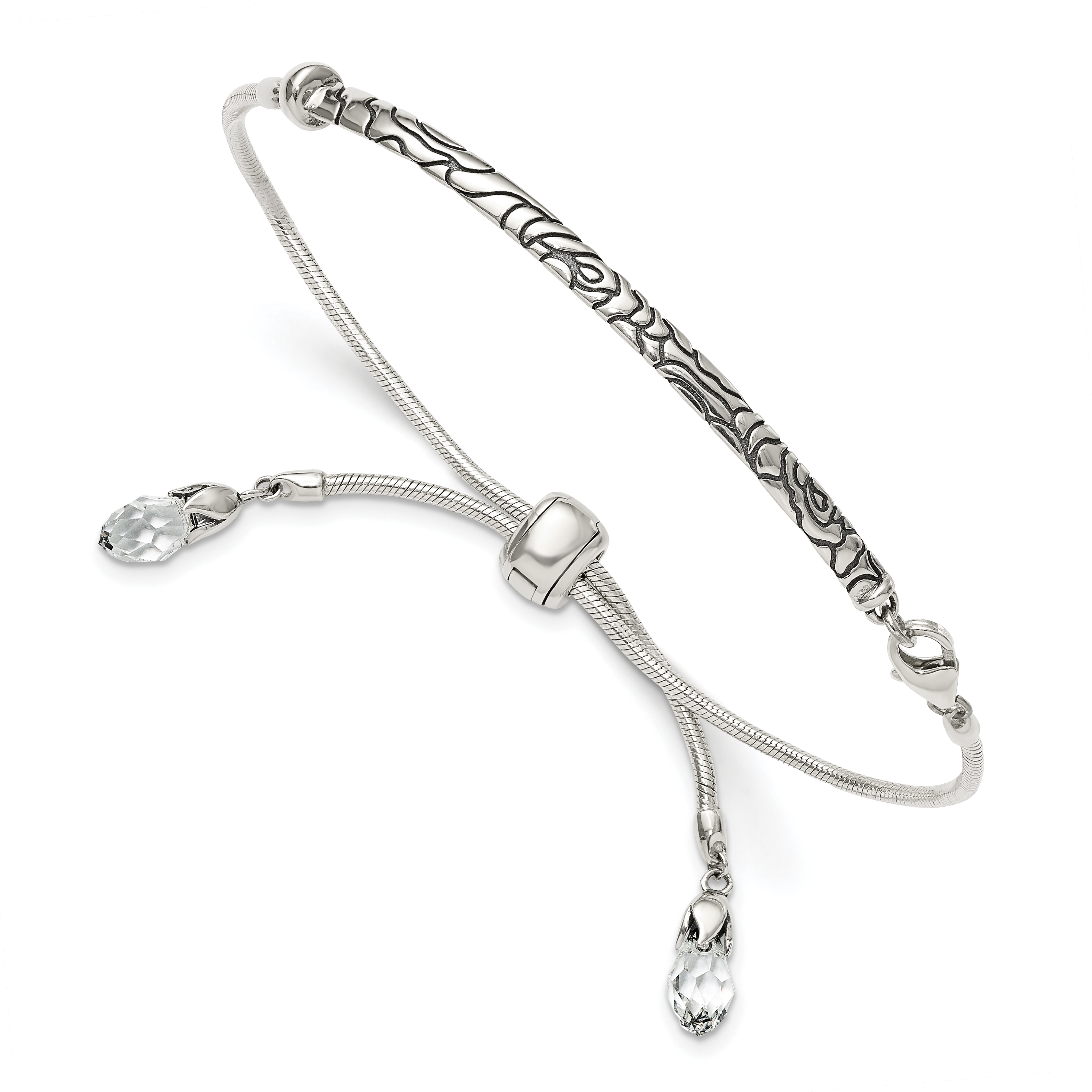Sterling Silver Antiqued Reflections Clear Crystal Adjustable Bracelet (QG3501)