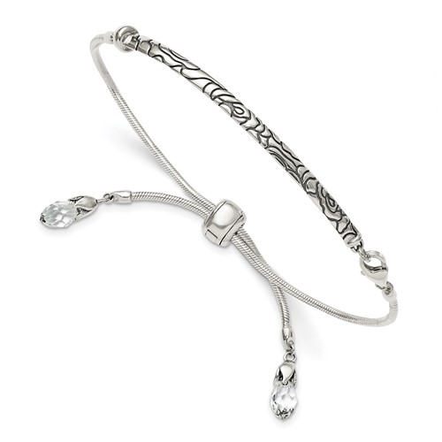 Sterling Silver Antiqued Reflections Clear Crystal Bracelet with Lobster Clasp Adjustable 6 to Bolo, 9"