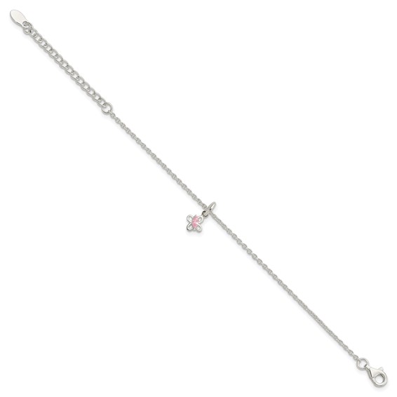 Sterling Silver Polished Pink CZ Butterfly w/ 1.5in Ext. Children's Bracele