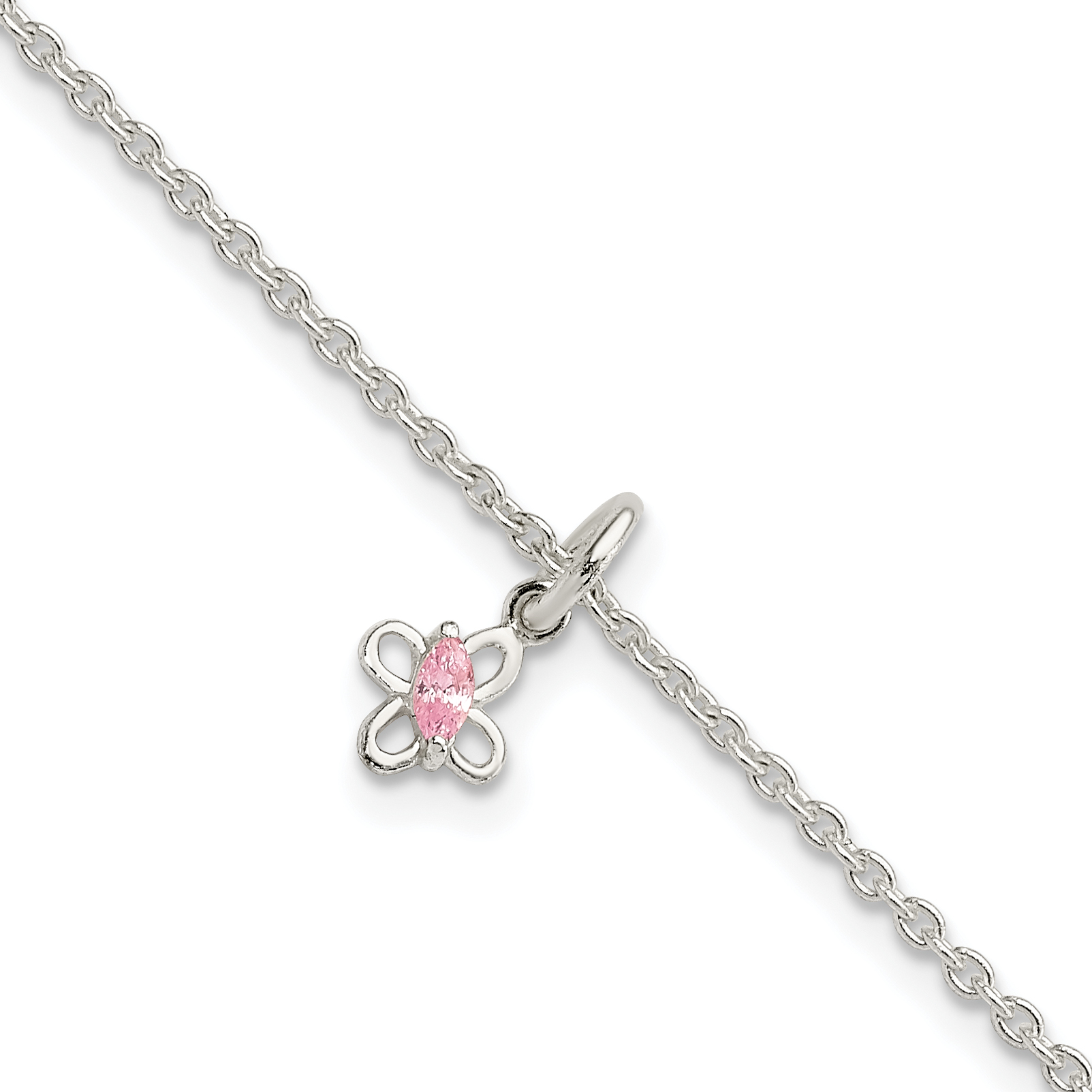 Sterling Silver Polished Pink CZ Butterfly w/ 1.5in Ext. Children's Bracele (QG3503-5)