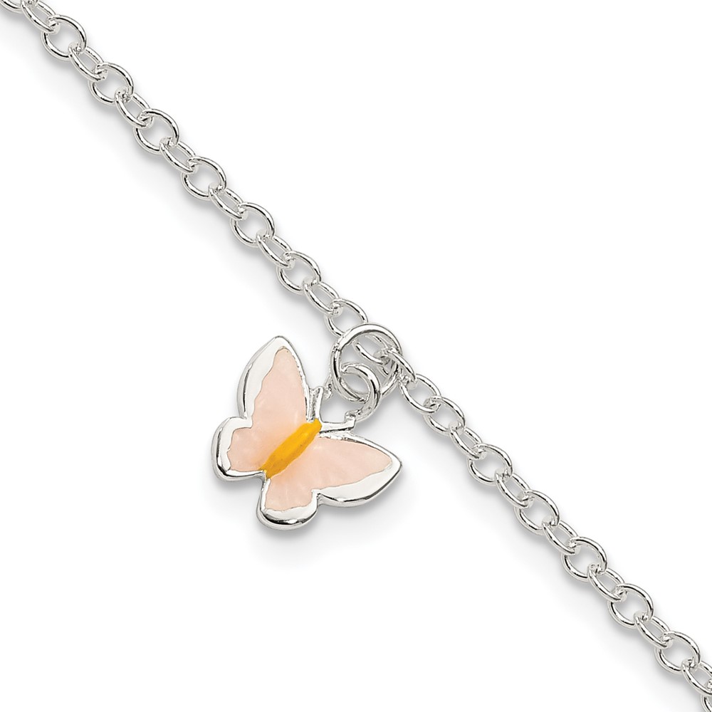 Sterling Silver Childrens Enameled Butterfly 5.5in Plus 1.5in ext. Bracelet