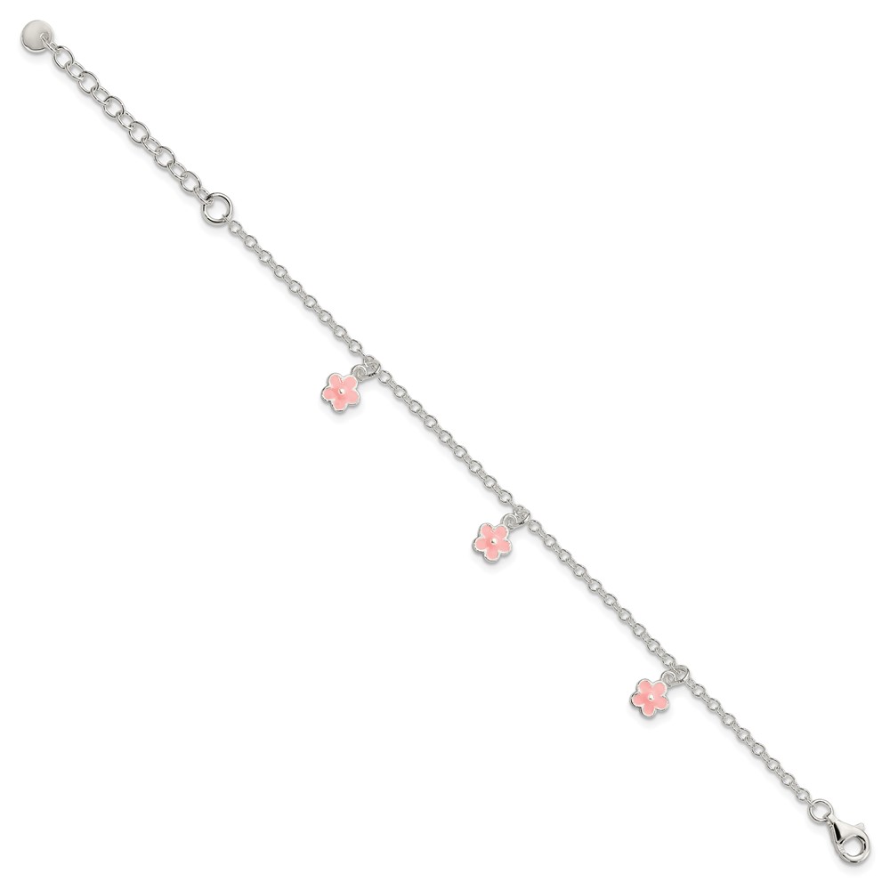Sterling Silver Polished Pink Enamel Flowers w/1.5in Ext Children's Bracele (QG3514-5.5)
