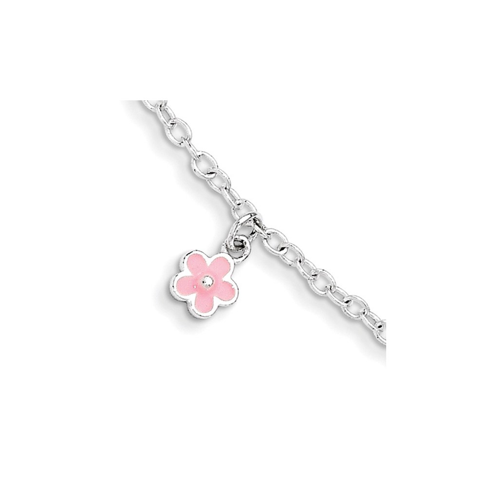 Sterling Silver Polished Pink Enamel Flowers w/1.5in Ext Children's Bracele (QG3514-5.5)