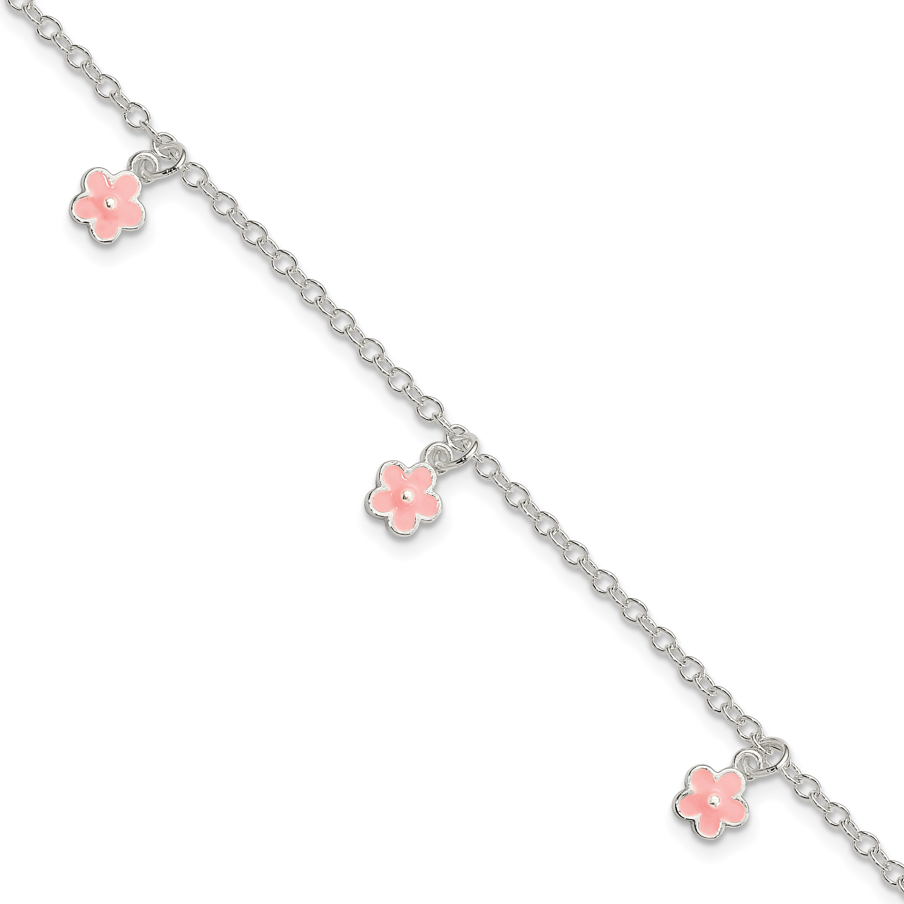 Sterling Silver Polished Pink Enamel Flowers w/1.5in Ext Children's Bracele (QG3514-5.5)