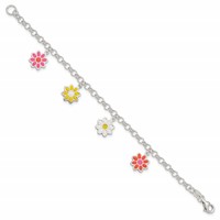 Sterling Silver Polished Multi-color Enamel Dangle Flowers Bracelet, 6" view 2