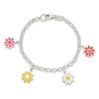 Sterling Silver Polished Multi-color Enamel Dangle Flowers Bracelet, 6" view 4