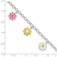 Sterling Silver Polished Multi-color Enamel Dangle Flowers Bracelet, 6" view 3