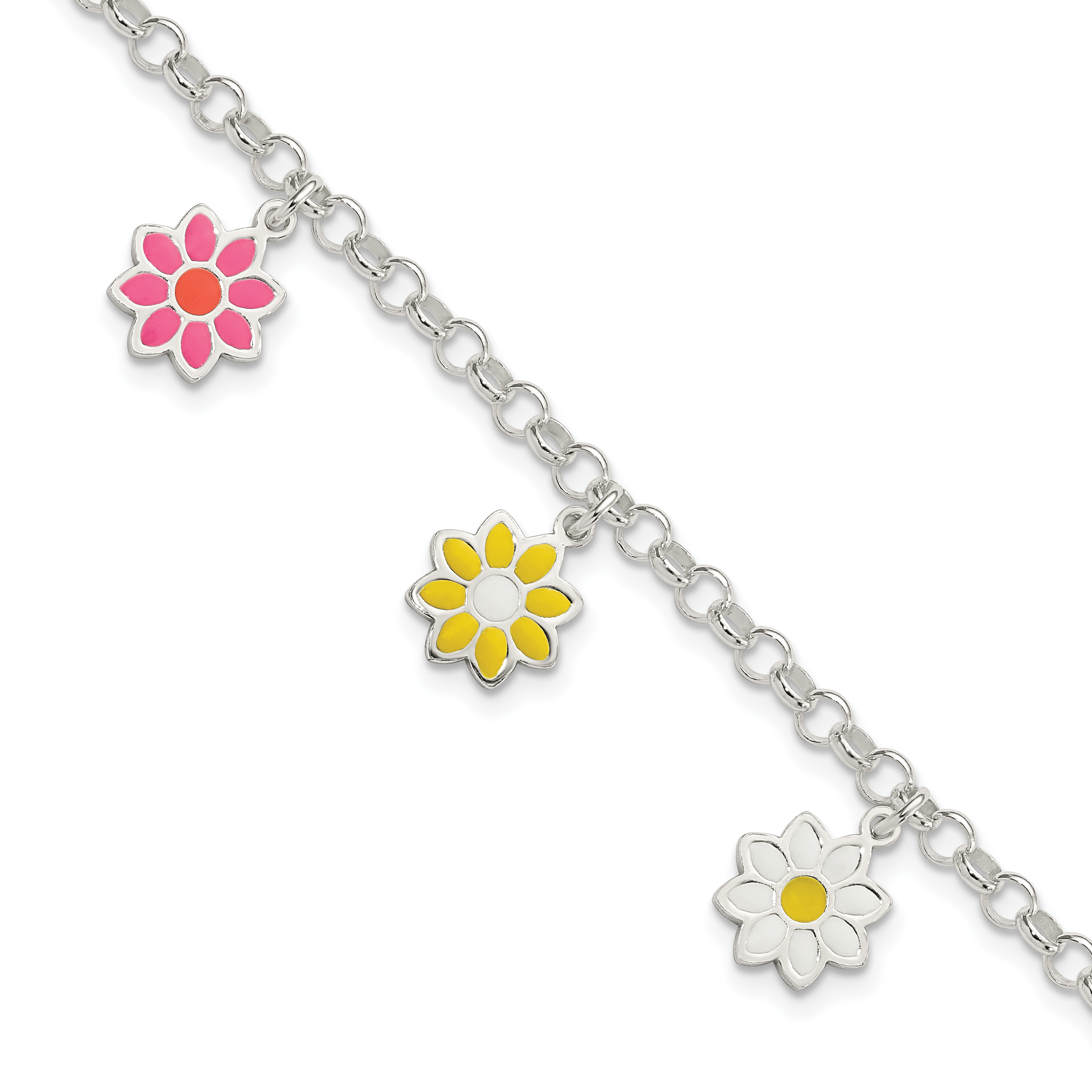 Sterling Silver Polished Multi-color Enamel Flowers Children's Bracelet (QG3515-6)