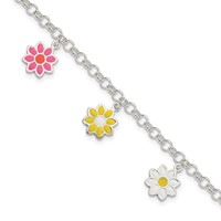Sterling Silver Polished Multi-color Enamel Dangle Flowers Bracelet, 6" view 1