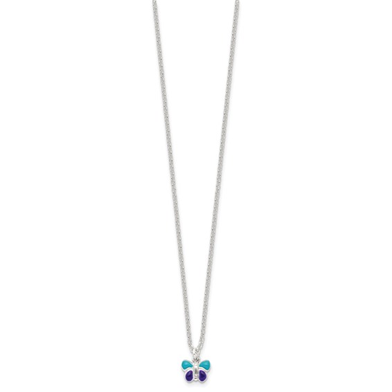 Sterling Silver Polished Blue & Purple Enameled Butterfly with 1.5inch Extension Children's Necklace