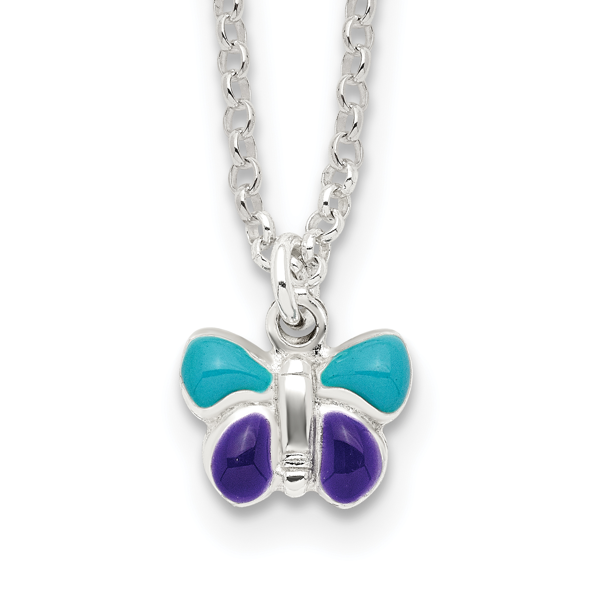 Sterling Silver Polished Blue & Purple Enameled Butterfly with 1.5inch Extension Children's Necklace (QG3528-15)