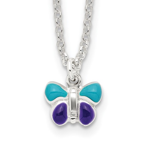 Sterling Silver Polished Blue & Purple Enameled Petite Butterfly Necklace with 1.5 Inch Extension, 15"