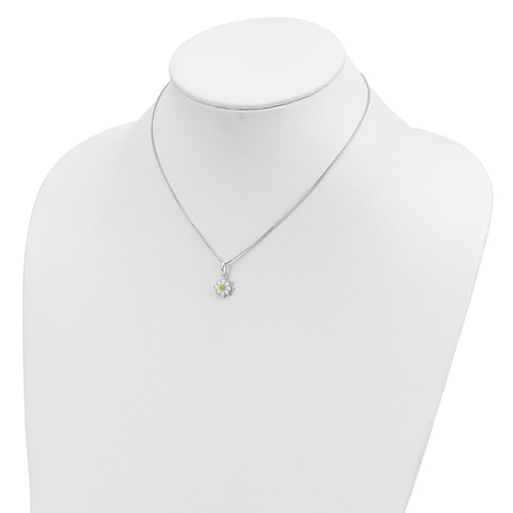Sterling Silver Polished Yellow & White Enamel Flower Children's Necklace