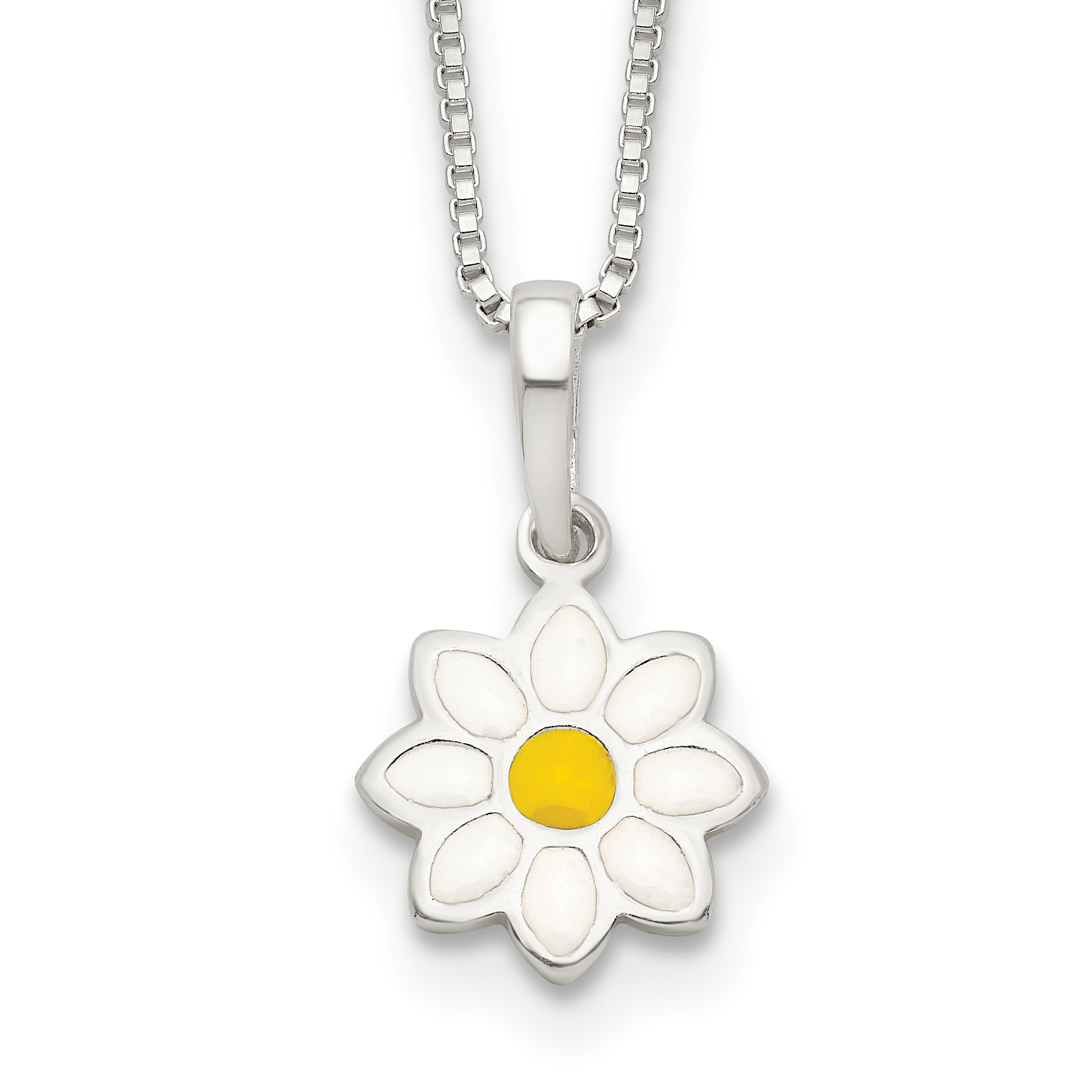 Sterling Silver Polished Yellow & White Enamel Flower Children's Necklace (QG3532-15)