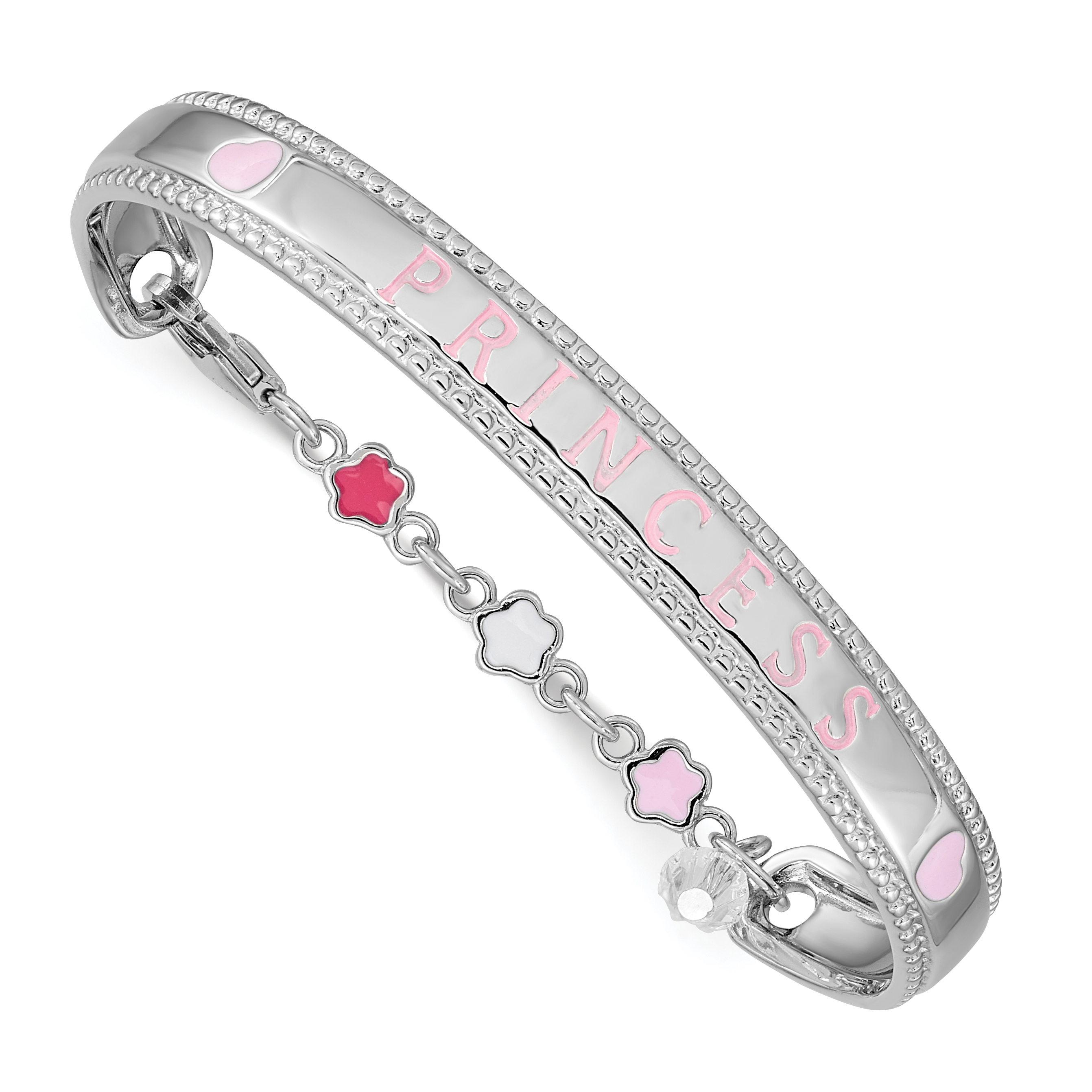 Sterling Silver Rhodium-plated Polished & Beaded Crystal & Multi-color Enameled PRINCESS with Chain Baby Bangle (QG3535)