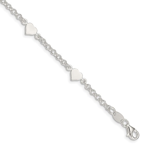 Sterling Silver Polished Hearts Bracelet with. Ext. Children's, 25"