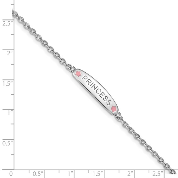 Sterling Silver Rhodium-plated Polished & Pink Enameled PRINCESS with 1 Inch Extension Children's Bracelet