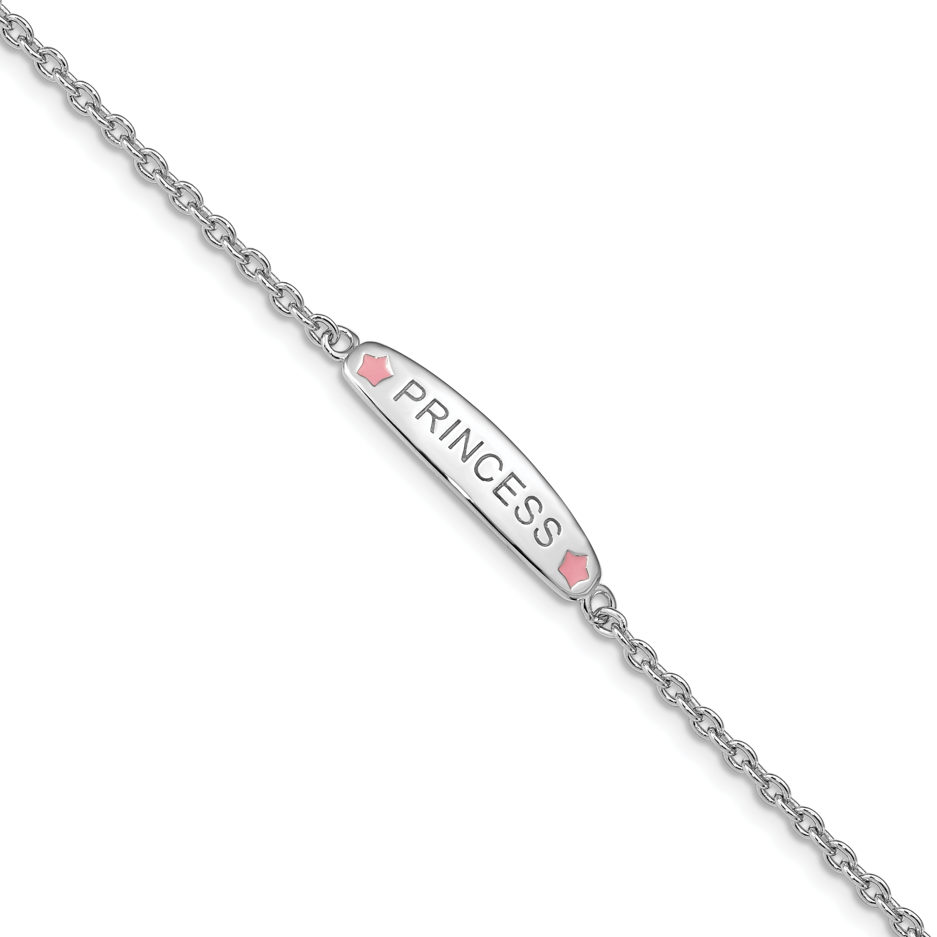 Sterling Silver Rhodium-plated Polished & Pink Enameled PRINCESS with 1 Inch Extension Children's Bracelet (QG3537-6)