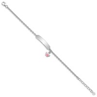Sterling Silver Rhodium-plated Polished & Pink Enameled Crown Bracelet with Extension Children's ID, 1" view 2