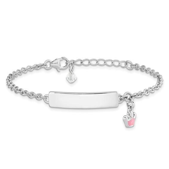 Sterling Silver Rhodium-plated Polished & Pink Enameled Crown with 1 Inch Extension Children's ID Bracelet
