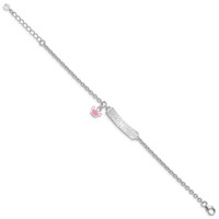 Sterling Silver Rhodium-plated Polished & Pink Enameled Crown Bracelet with Extension Children's ID, 1" view 4