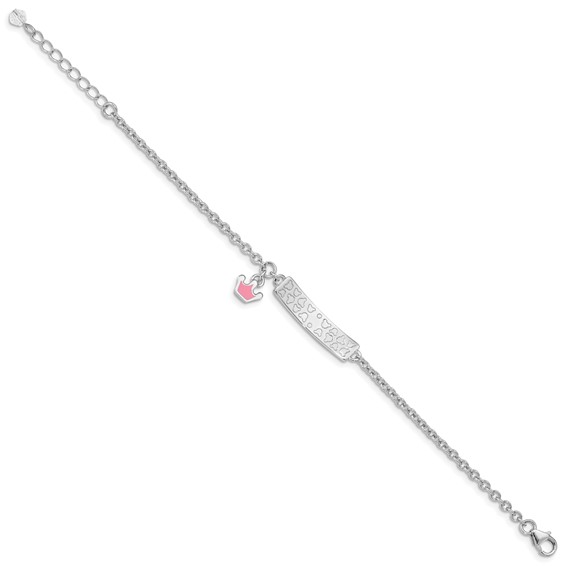 Sterling Silver Rhodium-plated Polished & Pink Enameled Crown with 1 Inch Extension Children's ID Bracelet