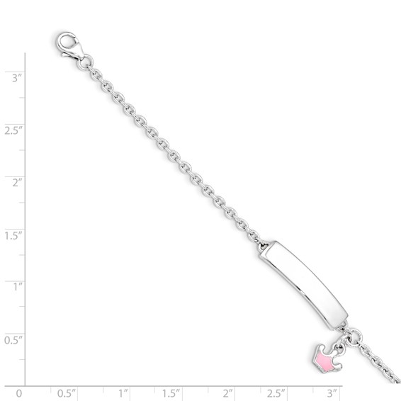 Sterling Silver Rhodium-plated Polished & Pink Enameled Crown with 1 Inch Extension Children's ID Bracelet