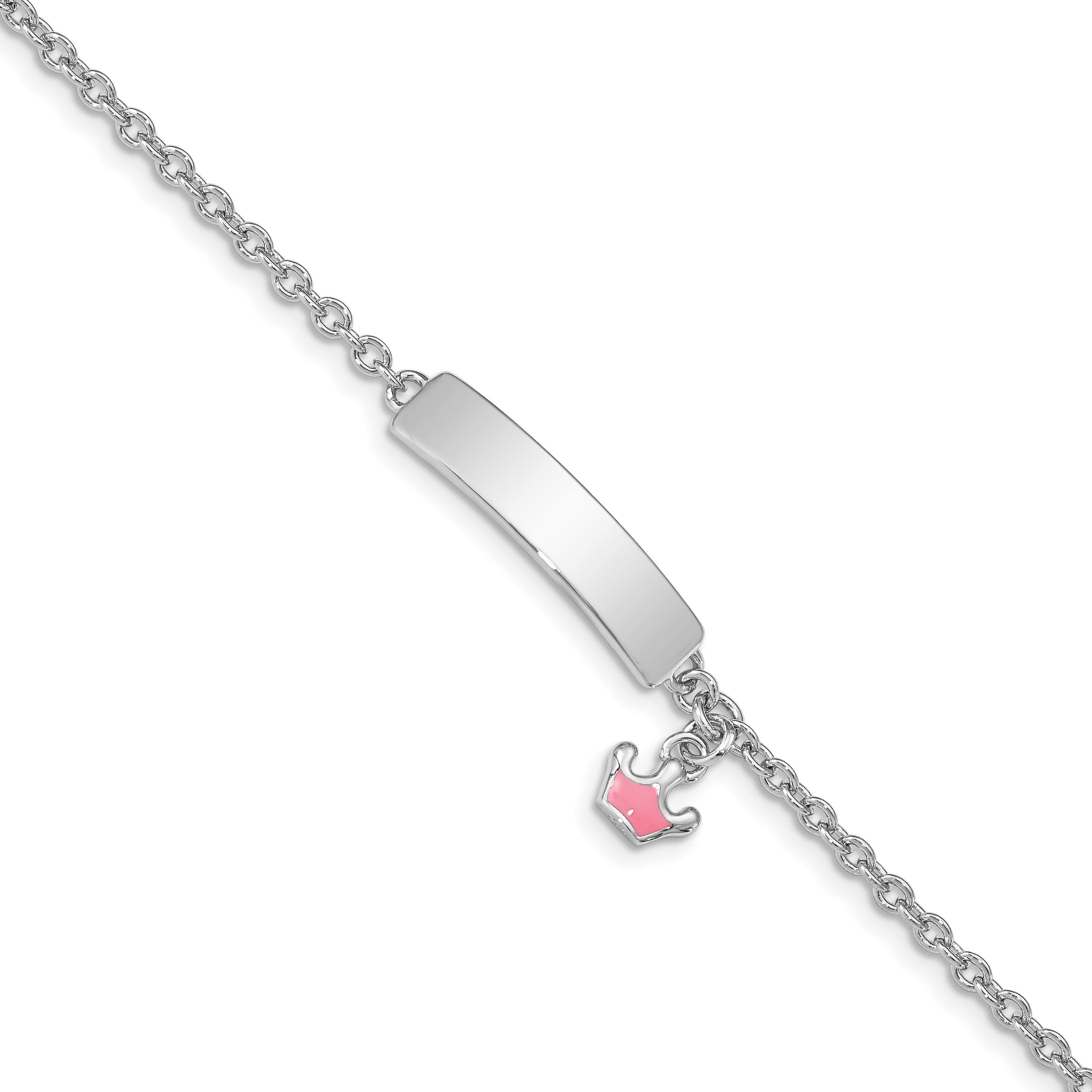 Sterling Silver Rhodium-plated Polished & Pink Enameled Crown with 1 Inch Extension Children's ID Bracelet (QG3538-6)