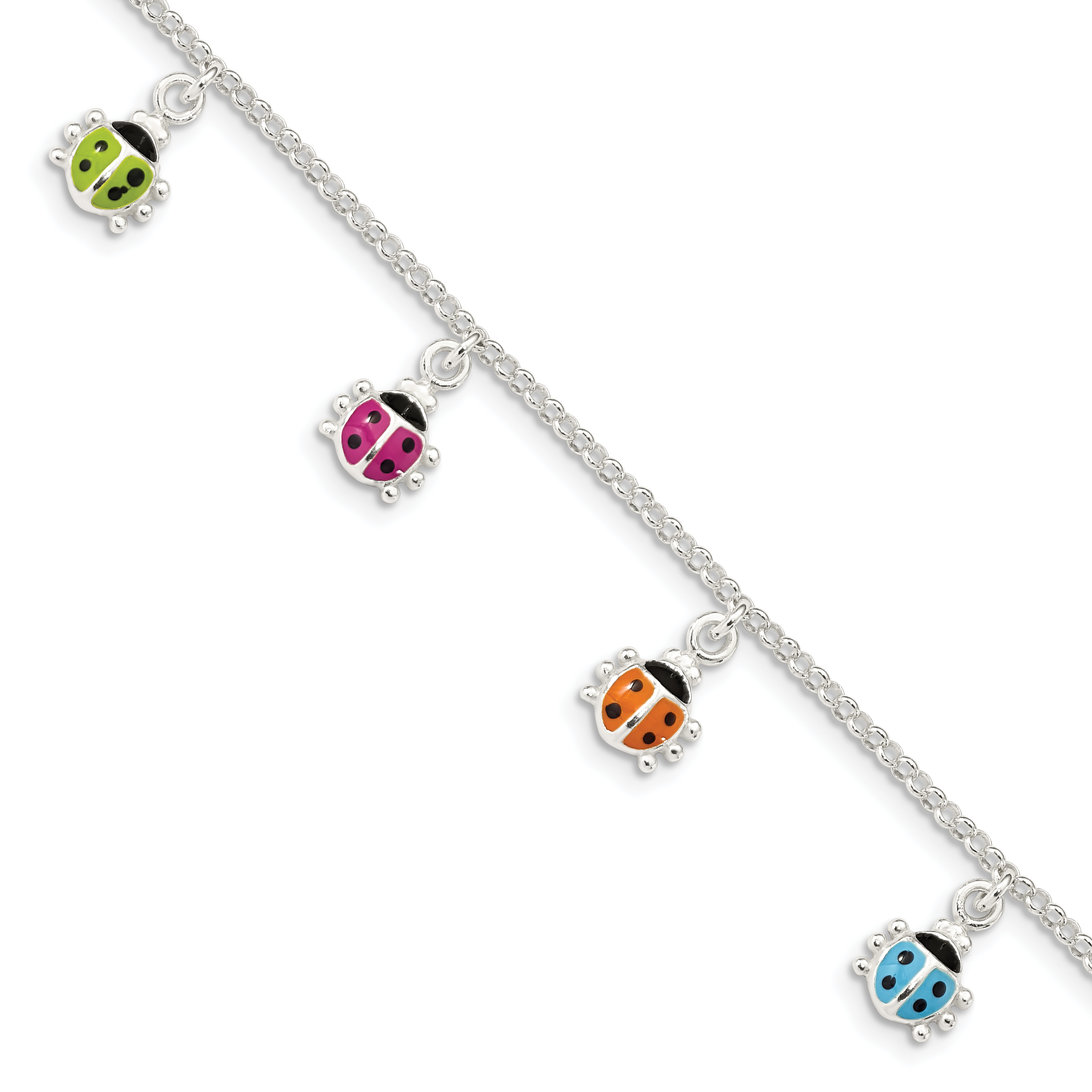 Sterling Silver Polished Multi-color Enameled Ladybugs Children's Bracelet (QG3545-6)