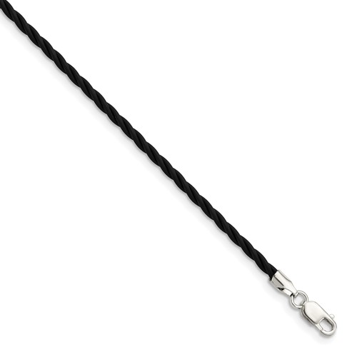 Sterling Silver 2mm Black Twisted Rubber Necklace, 16"